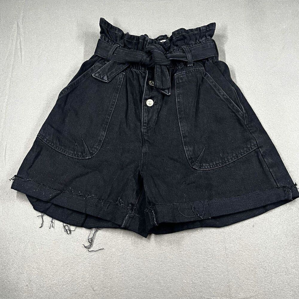 Zara Black High Rise Paperbag Belted Denim Shorts Tie Pockets Women 6 W28